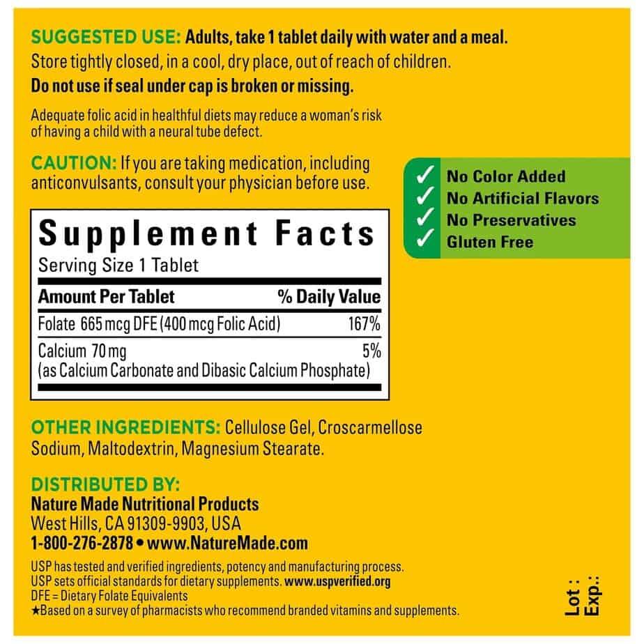 اسید فولیک نیچرمید 250 عددی Nature Made Folic Acid 400 mcg (665 mcg DFE) 4 اسید فولیک نیچرمید 250 عددی