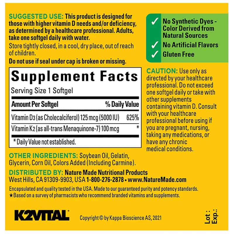 کپسول ویتامین D3 و K2 نیچرمید Nature Made Vitamin D3 + K2 7 ویتامین د3 و کا2 نیچرمید 30 عددی